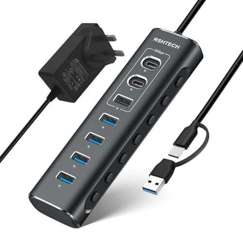 Image of Powered USB 3.1/3.2 Hub RSHTECH 7-Port USB C Hub with 10Gbps USB-A and 2 USB-C Data Ports + 4 USB 3 Port, Aluminum USB Splitter with 12V Power Supply and 3.3ft USB Cable (RSH-A107C), Black