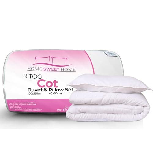 Image of Home Sweet Home UK 9 tog Cot Duvet and Pillow Set – 100% Microfibre Anti-Allergy Toddler Duvet and Toddler Pillow Set – Breathable & Lightweight Baby Quilt 100x120cm - Machine Washable Cot Quilt