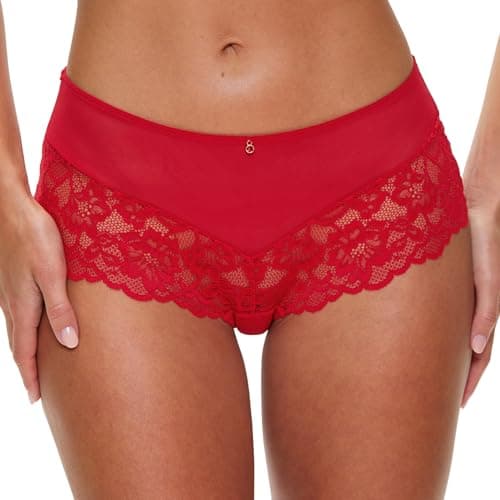Image of Ann Summers Sexy Lace Short Low-Rise Womens Underwear with Medium Coverage, Semi-Sheer Mesh Knicker, Floral Lace Edging & Centre Charm Red - Womens Lingerie