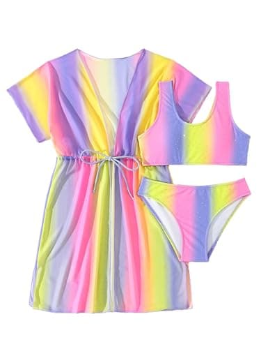 Image of SERENYOU Girls Swimming Costume 3 Pieces Bikini Sets with Adjustable Cover ups Purple 9-10 Years