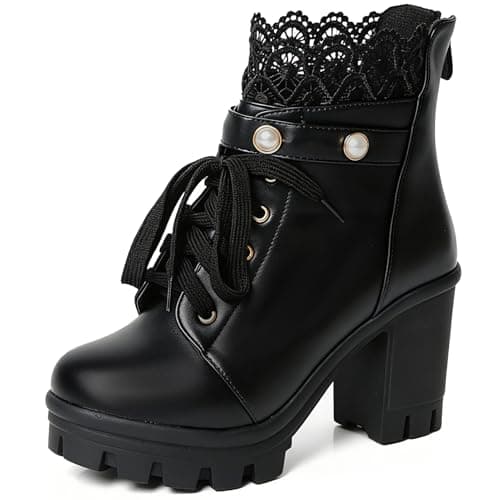 Image of FOREADA Platform Boots For Women Black Chunky Boot Goth Ankle Booties Bead Lace Lolita Dress Shoes With Zipper, Chunky Black, 4 UK