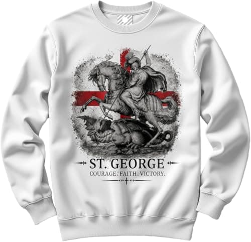 Image of St George's Jumper for Men, Kids, Teens and Adults – Knight and Dragon Sweater Knights Templar Fear no Foe Sweatshirt - Britain British Flag Top Football Patriotic Saint George Day White X-Large