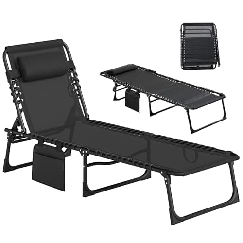 Image of Outsunny Portable Sun Lounger, Folding Camping Bed Cot, Reclining Lounge Chair 5-position Adjustable Backrest with Side Pocket, Pillow for Patio Garden Beach Pool, Black