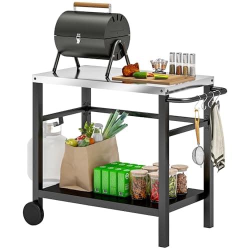 Image of Outsunny Outdoor Grill Dining Cart 2-Shelf Movable Pizza Oven Table Stand with Stainless Steel Top, Portable BBQ Trolley Food Prep Outdoor Kitchen Barbecue Station with Hooks Wheels, Charcoal Grey
