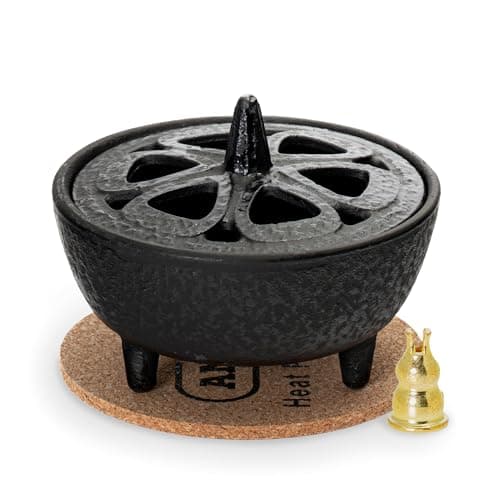 Image of Anbar Lotus Flower Incense Burner, Cast Iron Bowl and Lid for Sticks, Cones, Wax Melts, Charcoal and Resin, Traditional Oriental Zen Home Decor, Supports Aromatherapy and Mindfulness