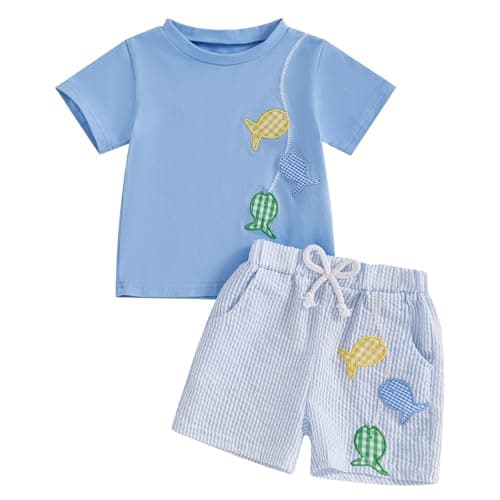 Image of Vioyavo Toddler Kid Boy Summer Outfit Colorful Fish Embroidery Short Sleeve T-Shirts Elastic Waist Shorts 2Pcs Baby Boy Clothes Set (Blue, 18-24 Months)