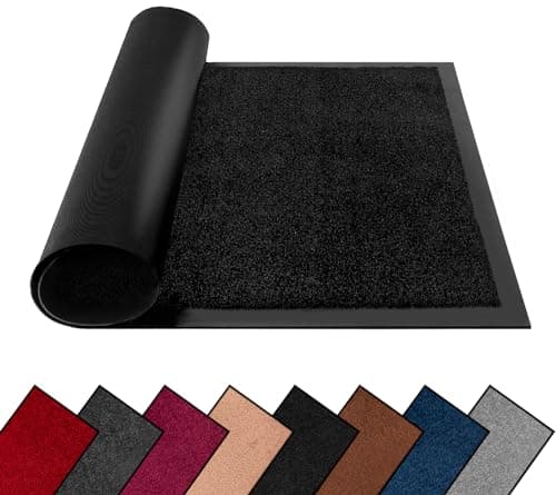 Image of FB FunkyBuys Washable Dirt Trapper Door Mats Indoor & Outdoor, Heavy Duty Non Slip Doormats, Rubber Backed Floor Mat, Super Absorbent Front Door Mat, Entrance Rug (Black-Plain, 50cm x 80cm)