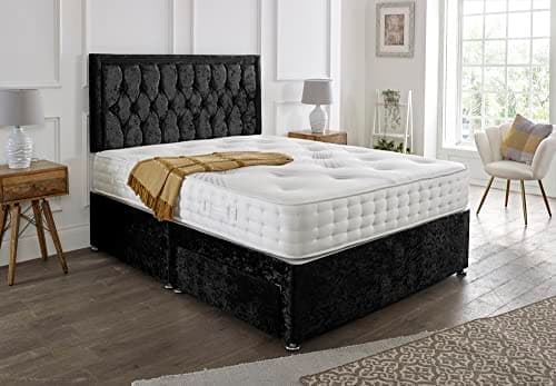 Image of SANA SLEEP Designer Damask Memory Foam Divan Bed Set With Mattress, 2 Drawers (Same Side) and Headboard 4FT6 Double - Black Crushed Velvet