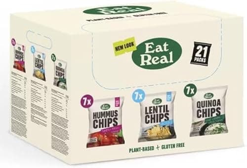 Image of Eat Real Vegan Crisps Variety Box, Hummus, Lentil and Quinoa Chips, Gluten Free, 21 Packs