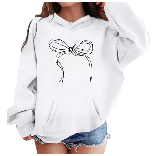 Image of Kids Girls Hoodie Long Sleeve T Shirt Sweatshirt Warm School Jumper Teen Girls Bow Knot Print Fleece Hooded Pullover Top Casual Activewear with Pockets Fall Winter Clothes Age (White, 3-4 Years)