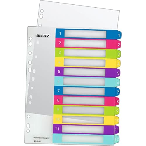 Image of Leitz 12440000 A4 WOW 1-12 Index, PC-Printable, Extra Wide, Heavy Duty Plastic, White/Multicolour