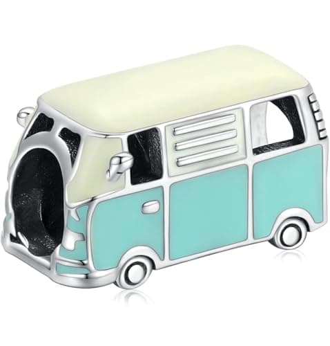 Image of 925 Sterling Silver Minibus Charm Bead, Teal Enamel Camper Van, Travel Compatible with Pandora, Chamilia & European Bracelet Necklace