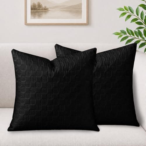 Image of Hafaa Cushions with Covers Included 45 x 45 cm Black 4 Pcs (2-Cushion Covers, 2-Inserts) Ultrasonic Checked Velvet Square Throw Pillow Cases with Invisible Zipper for Home Decor Sofa Bedroom