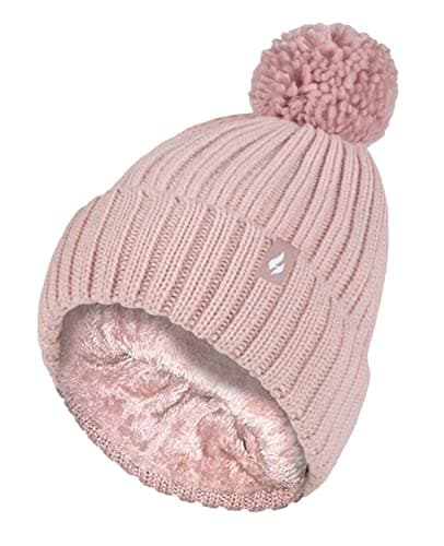 Image of HEAT HOLDERS - Ladies Thick Chunky Ribbed Cuffed Thermal Insulated Winter Pom Pom Bobble Hat (One Size, Dusky Pink)