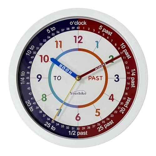 Image of Youshiko Time teaching Learning Clock for Kids, Extra Large Silent Analogue Wall Clock for Classrooms and Kids' Bedrooms - Children Learn (White)
