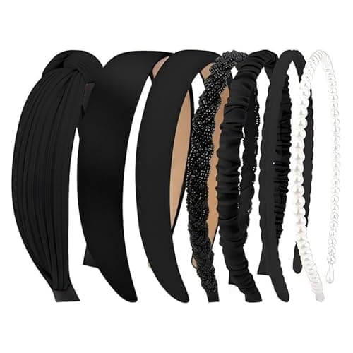 Image of Beaded Non Slip Headbands for Women, 7 Pack Knotted Plastic Hairbands, High Cranial Top Fit, Fashion Elastic Hair Accessories, Perfect for Washing Face Daily Use (Black, One Size)