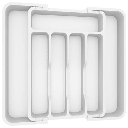Image of Lifewit Extendable Cutlery Drawer Organiser, Adjustable Cutlery Tray, Plastic Adjustable Kitchen Storage Dividers for Utensil Spoons Forks Knives, 7 Compartments, 23-37 x 31cm, White