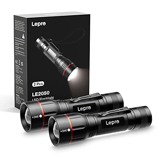 Image of Lepro 2 Pack LED Torch Battery Powered, LE2050 Super Bright Handheld Flashlight, 5 Modes, Zoomable, Clip, Waterproof, Lightweight, for Camping, Emergency Use, Dog Walking, Gift for Kids, Dad, Men, Boy