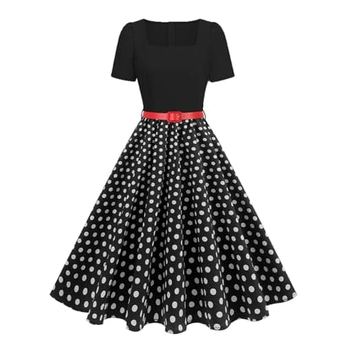 Image of EFOGEP 1950s Vintage Dress for Women, Polka Dot Short Sleeve A-Line Midi Dress, Rockabilly Tea Dress with Belt for Cocktail Wedding Work Black S