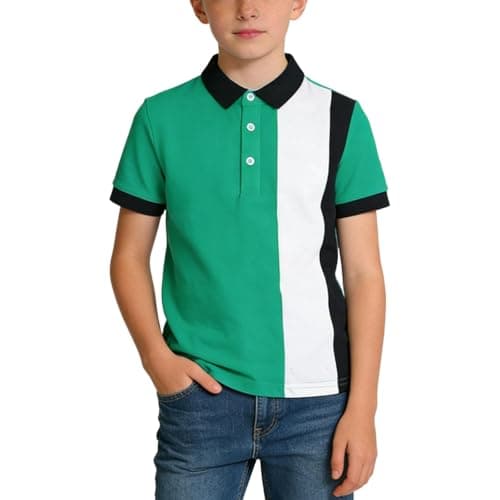 Image of Green Kids Polos Shirts Boys Short Sleeve Button Up Colorblock Tshirts Summer Plain Tee Tops School Uniform Outdoor Gym Sportwear for Unisex Childs Age 5-14 Years 7-8 Years
