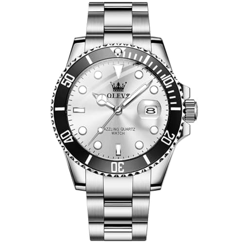 Image of OLEVS Mens Watch Big Face Silver Stainless Steel Analogue Quartz Watches Men White Dial Rotatable Bezel Calendar Men's Dress Watch Waterproof Luminous with Date Watches for Mens Reloj para Hombre