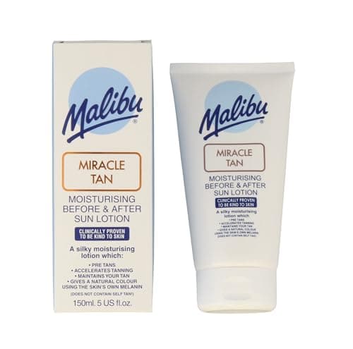 Image of Malibu Miracle Tan Lotion Before and After Sun Moisturising Lotion with Aloe Vera, Vitamin E and Citrus Flavonoids, Hydrating Tan Enhancing Skin Care, 150ml