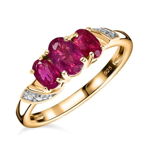 Image of TJC Ruby Three Stone Ring for Women in 14ct Gold Plated 925 Sterling Silver Size X Prongs Setting Forever Together Red Gemstone July Birthstone Metal Wt. 2.72 Grams, C. Ruby Yellow Gold
