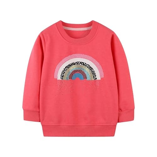 Image of QHKEPW Kids Sweatshirt Rainbow 5-6 Years Girls Jumper Toddler Top Long Sleeve Round Neck Cotton Casual Clothes T Shirt Red