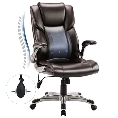 Image of COLAMY High Back Executive Office Chair- Ergonomic Home Computer Desk Leather Chair with Padded Flip-up Arms, Adjustable Tilt Lock, Swivel Rolling Chair for Adult Working Study, Brown