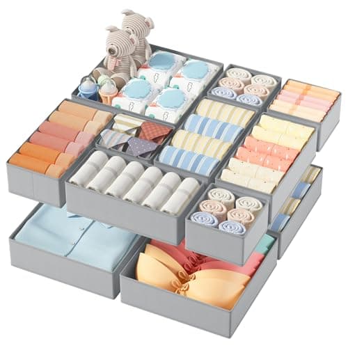 Image of DIMJ 12 Pack Drawer Organisers Foldable Storage Box Fabric Drawer Dividers Wardrobe Storage Organiser Storage Cubes for Bras, Socks, Underwear, Ties, Scarves, Cosmetics