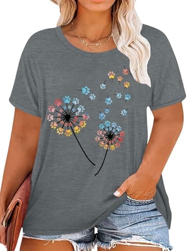 Image of VVNTY Women’s Plus Size T Shirts Cute Dandelion Print Graphic Tshirt Oversized Summer Short Sleeve Round Neck Top XL-5XL (grey1,4XL Plus,)
