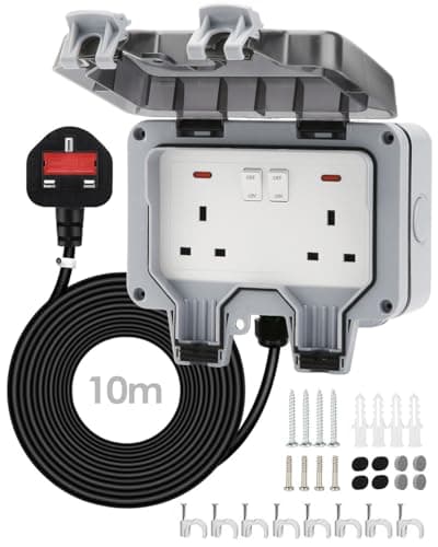 Image of Zenmos Double Outdoor Socket 10M Extension Lead, Outdoor Plug Sockets Waterproof IP66, 13Amp 2 Gang Outside Plug Socket Waterproof, Switch Indicator Light Garden Wall Electrical Outlet Cover Box