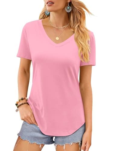 Image of Elesomo Ladies Tops Short Sleeve V Neck Tshirts Summer Casual Cotton Tee Shirts, Pink S