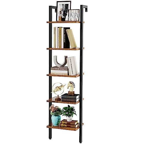 Image of YMYNY Bookshelf Wall Mounted, Ladder Shelf, 5-Tier Bookcase Rack, Storage Unit with Metal Frame, Industrial Floating Wall Shelf for Living Room, Kitchen, Office, 40×30×178CM Rustic Brown HBC015H