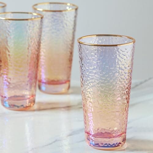 Image of G Decor Set of 4 Handmade Iridescent Pearl Hammered Tumbler Glasses with Gold Rim 350ml