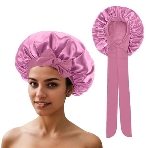 Image of QIUTIMIY Satin Bonnet for Curly Hair,Bonnet Hair Wrap for Sleeping with tie, Hair Bonnet for Long Braid Hair,Pink