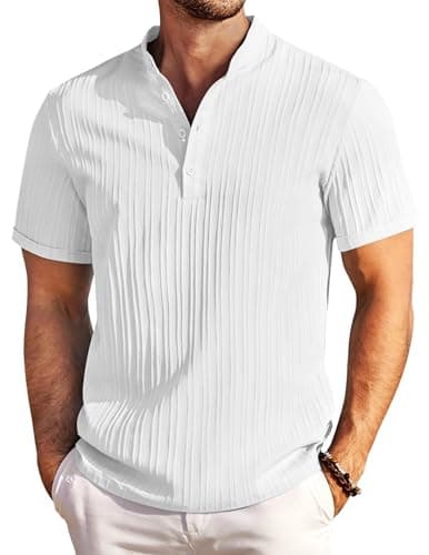 Image of COOFANDY Mens Henley T Shirts Short Sleeve Summer Casual T Shirts Lightweight Holiday Top for Men White L