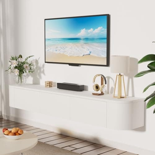 Image of JMGJOY 160cm Floating Tv Stand Cabinet Wall Mounted Tv Unit with Doors And Drawers Media Wall Unit Large Storage Console Table for Living Room Bedroom and Office, White