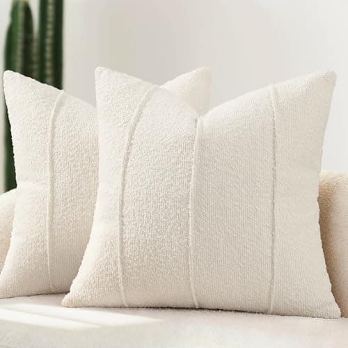 Image of YCOLL Textured Bouclé Cushion Covers 50x50 Pack of 2 – Soft Cream Decorative Cushions for Sofa, Bed & Living Room, Modern Home Décor, Comfortable & Luxurious Accent with Neutral Stripes