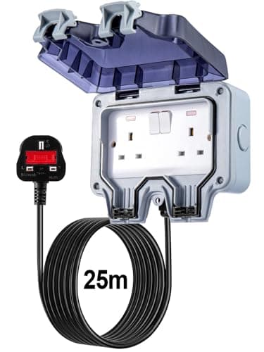 Image of Trintion 2 Gang IP66 Outdoor Socket 13Amp with Extension Lead Switched Sockets Garden Power Socket External Mains Outlets Wall Plug Socket Box (25M)