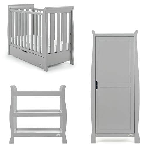 Image of Obaby Stamford Space Saver Sleigh 3 Piece Room Set - Warm Grey. Includes Cot, Changing Unit & Single Wardrobe