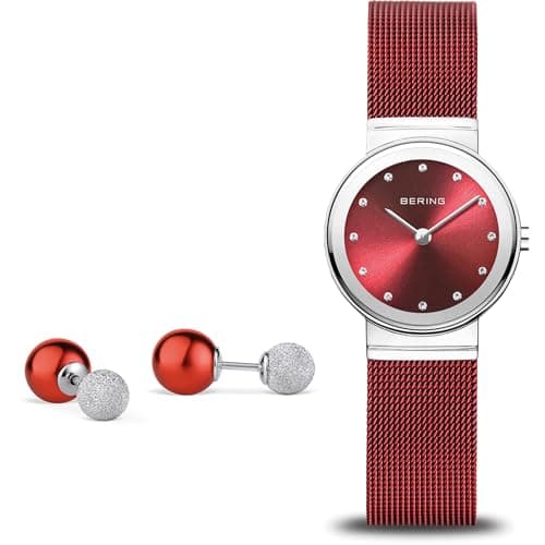 Image of BERING Women's Watch Quartz Movement - Classic Collection with Stainless Steel and Sapphire Crystal 10126-303-GWP , Silver/Red
