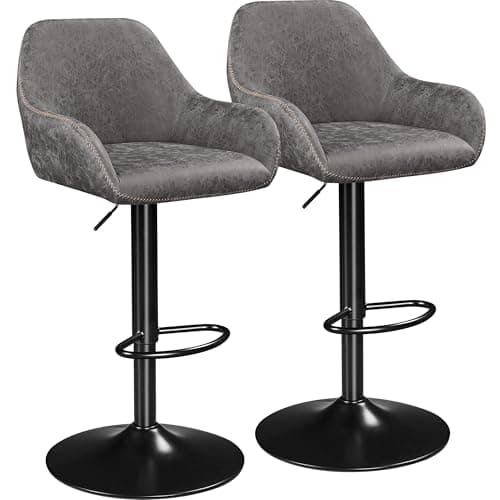Image of Yaheetech Bar Stools Set of 2, Height Adjustable Swivel Barstools, PU Leather Upholstered Bar Chair with Backrest, Armrests and Footrest for Home Kitchen, Grey