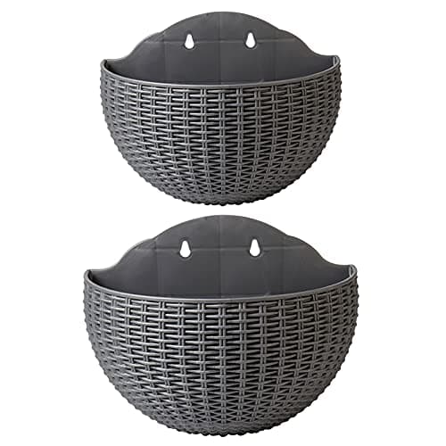 Image of 2 Pcs Imitation Rattan Wall Hanging Flower Pot, Semicircle Hanging Planters Outdoor with Drainage Hole and Hooks, Plastic Garden Hanging Basket for Balcony Fence (Grey)