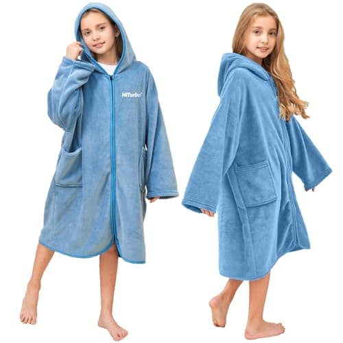 Image of Hiturbo Kids Hooded Towel Robe: Changing Zipper Bath Robe Poncho Towelling for Swimming Beach Surfing Home Blue