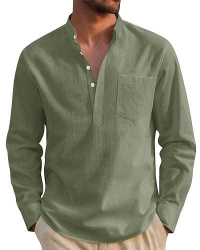 Image of J.VER Mens Linen Shirts Henley Collar Long Sleeve Regular Fit Casual Summer Beach Cotton Shirt with Pocket Olive Green XXL