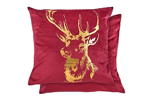 Image of Emma Barclay Velvet Stag - Large Soft Plush Velvet Cushion Cover with Foil Print in Red Bordeaux - 22x22 (55x55cm)