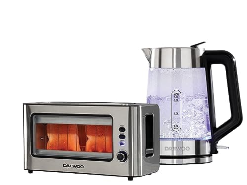 Image of Daewoo Glass Kettle and Toaster Set – 1.7L Illuminating Rapid Boil Kettle, 2 Slice Toaster, LED Glass Design, Modern Matching Kitchen Appliance Set