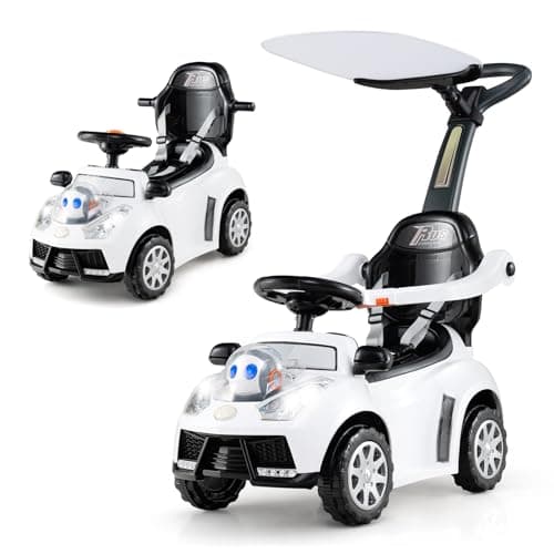 Image of COSTWAY Ride on Push Car, 3 in 1 Baby Foot to Floor Slider with Removable Push Handle & Guardrail, Adjustable Canopy, Horn, Music, Light, Underneath Storage, for 12-36 Months (White)