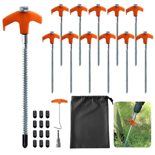 Image of Heavy Duty Metal Tent Pegs, Rotating Rock Pegs with Thread, Ground Anchors for Camping, Includes Drill Adapter & Nail Puller, Durable Steel Stakes for Garden, Canopies & Outdoor (Orange)